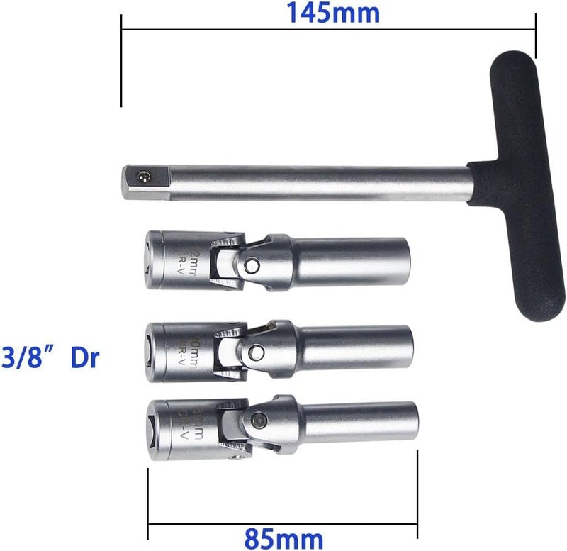 UTMALL 4 Piece Glow Plug Socket Set with 3/8" Dr T-Bar, Glow Plug Sizes (8mm, 10mm, 12mm) Ideal Broken Glow Plug Removal Tool - Image 4